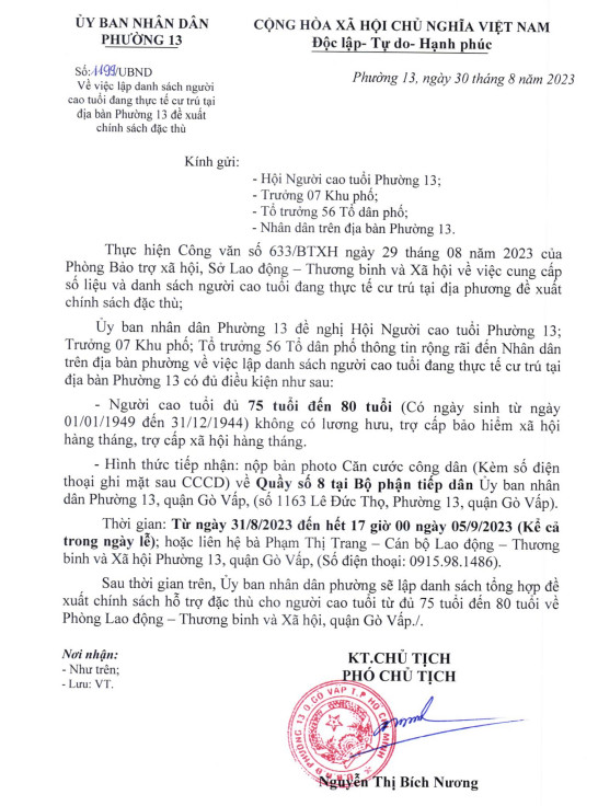 Thông báo về việc lập danh sách Người cao tuổi đang thực tế cư trú tại
                    địa bàn Phường 13 để đề xuất chính sách đặc thù